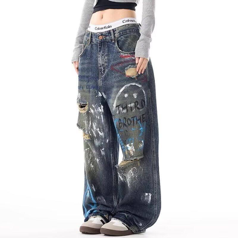 Mens Washed Denim Straight Leg Jeans With Distressed Ink Print Casual Vintage Style