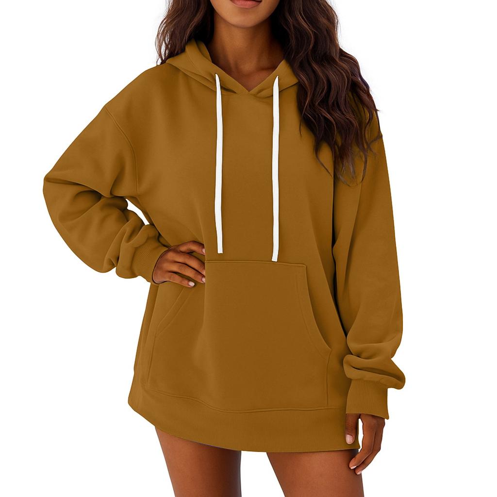 Women's Solid Color Long Sleeved Loose Casual Mid Length Pullover Hoodie Sweatshirt