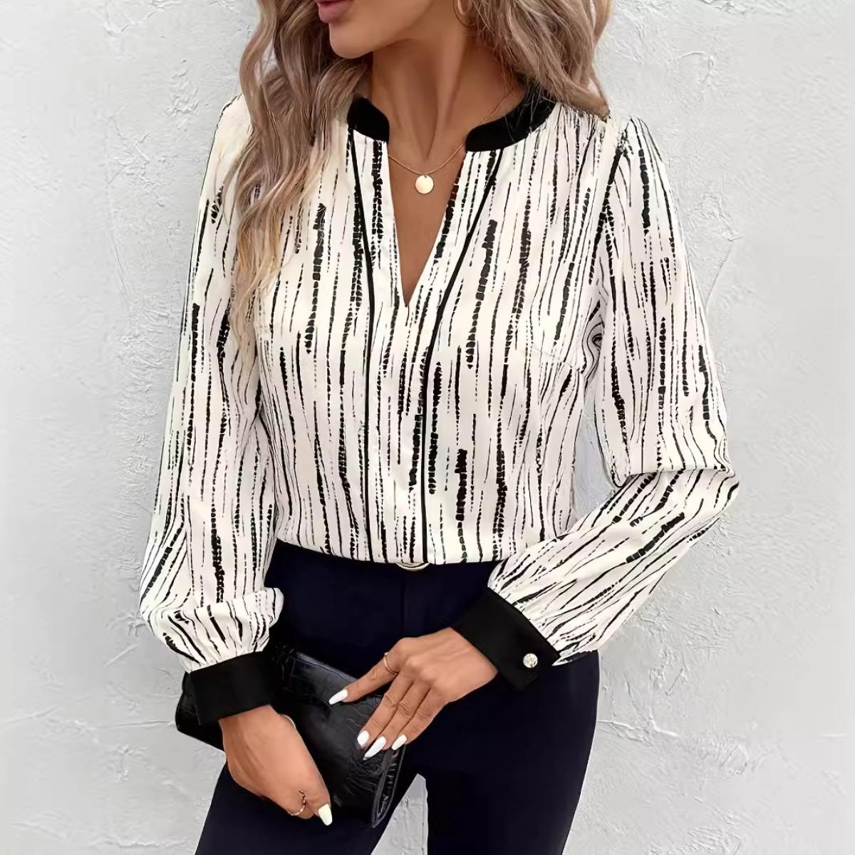 Women s Elegant Black Striped Long Sleeve V-neck Shirt Casual Fashion Blouse Top for Spring Summer Autumn S