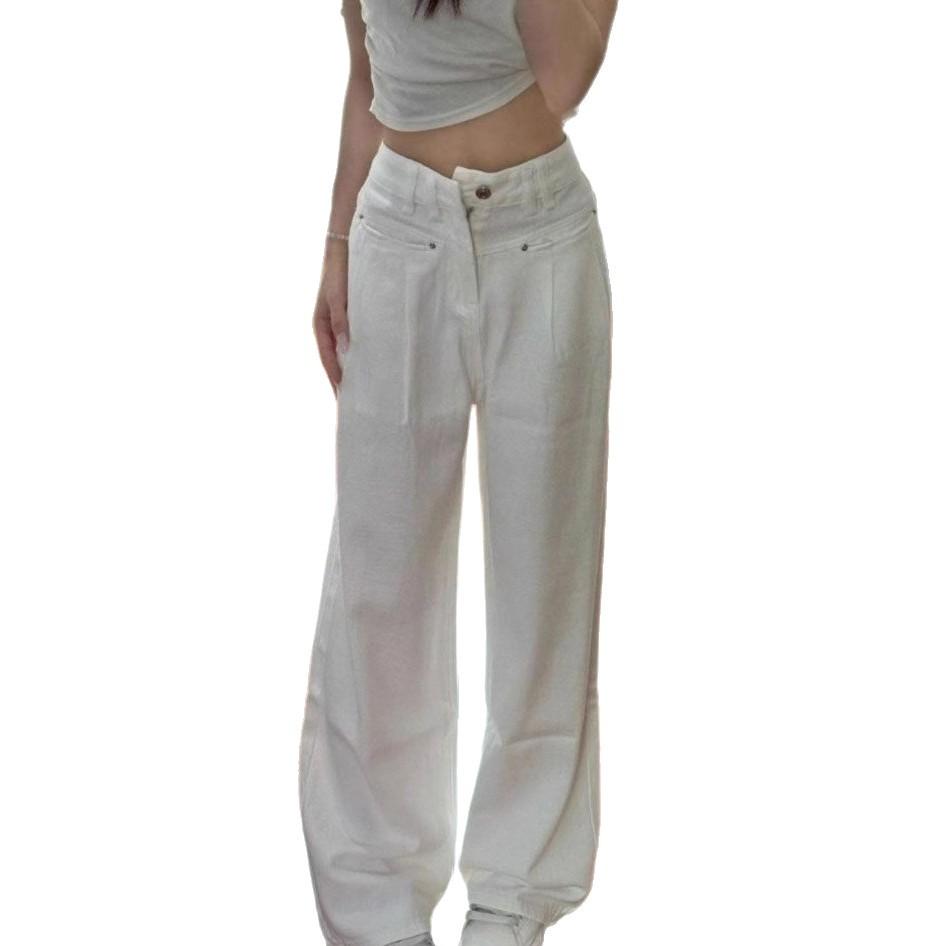 Modische Bequeme Peplum Weiße Jeans Damen Jährlich Hohe Taille Locker Schleppend Drapierte Weitbeinige Hosen Jeans für Damen Lange Denimhosen