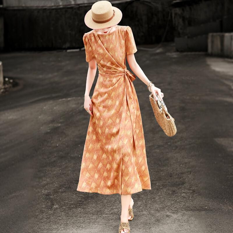 Lanser French Elegant Diamond Print Tie-Waist A-Line Dress XL
