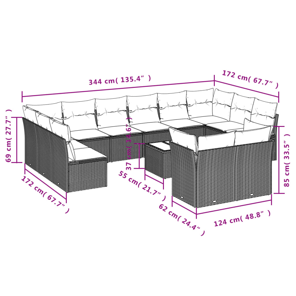 Vidaxl 13-Cz. Garden Furniture Set With Cushions, Beige, Poly Rattan