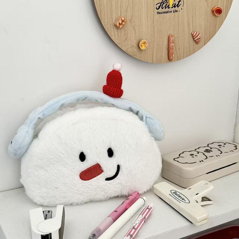 Cute Cartoon Snowman Plush Pen Case Kawaii Large Capacity Stationery Bag Multi-Functional Storage Bag Stationery Supplies