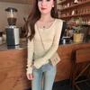 Milk Yellow Threaded Semi-open Neck Slim-fitting Knitted Shirt Women's Autumn and Winter Thin Pit Strip Design Sense Long-sleeved Bottoming Top