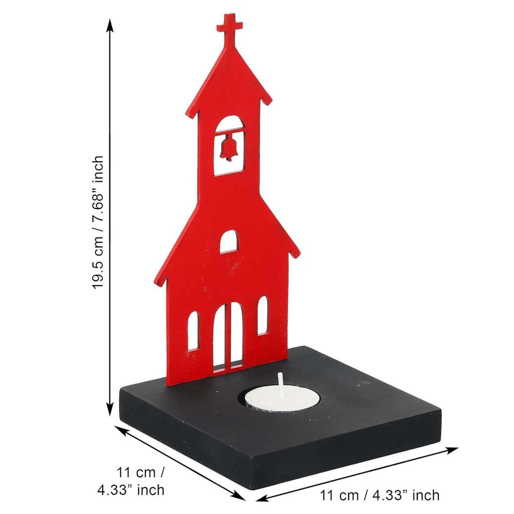 Merry Christmas Charming Church Decorative Tea Light Candle Holder (Wooden Red)| Christmas Decoration Items for Home Living Room Office
