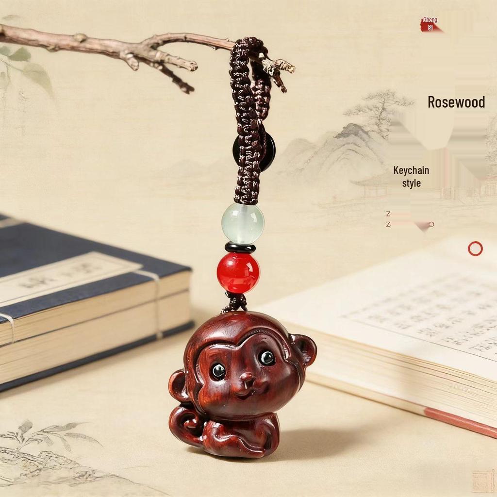 Sandalwood Zodiac Monkey Keychain Pendant – Retro Creative Phone Chain & Safety Ornament