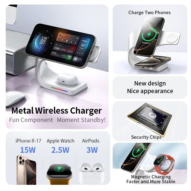 Wireless Charger Stand Metal Shell Magnetic 15W Fast Charging Station Stand for iPhone 12-17 Mobile Phones Airpods Watch 4 in 1