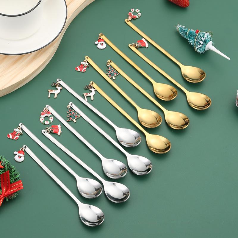 Stainless Steel Christmas Spoon Set Elk Pendant Exquisite Craft Tea Spoon Creative Tableware Party Ornament Style Dessert Spoon