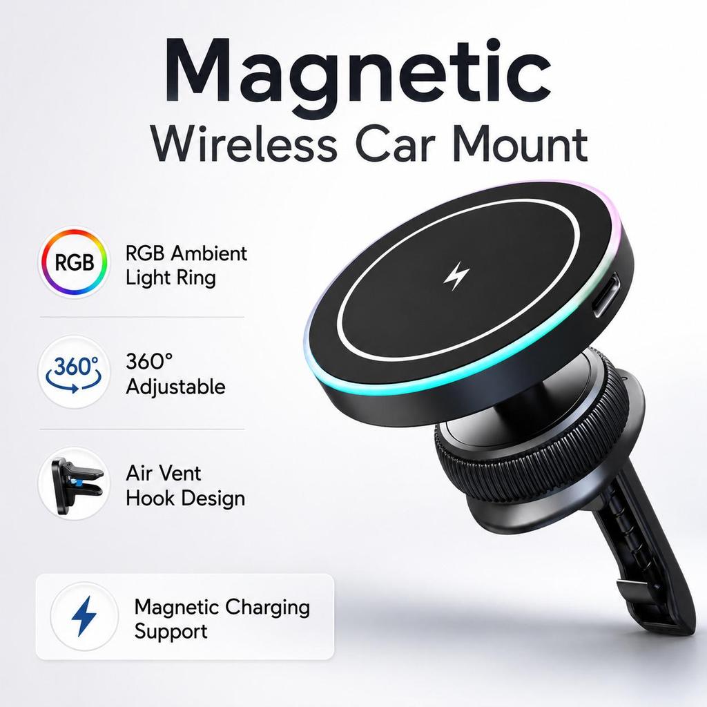 Suporte Magnético para Celular de Carro & Carregador Sem Fio Magsafe 2026