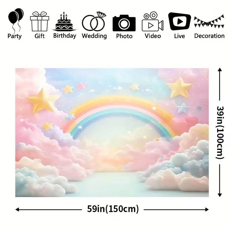 Sfondo Fotografico Nuvola Arcobaleno Pastello Stella 2D per Baby Shower Compleanno Bambini
