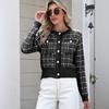 Checkered Knitted Cardigan for Women's Elegance, Pearl Buckle Fashionable Sweater for Women