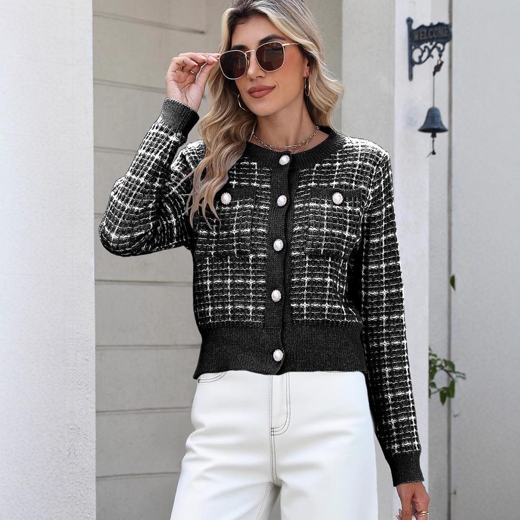 Checkered Knitted Cardigan for Women's Elegance, Pearl Buckle Fashionable Sweater for Women