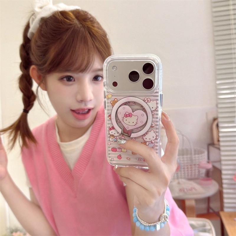 Pink Striped Little Panda iPhone 17/16 Pro Max/15/14 Girly Magnetic Case
