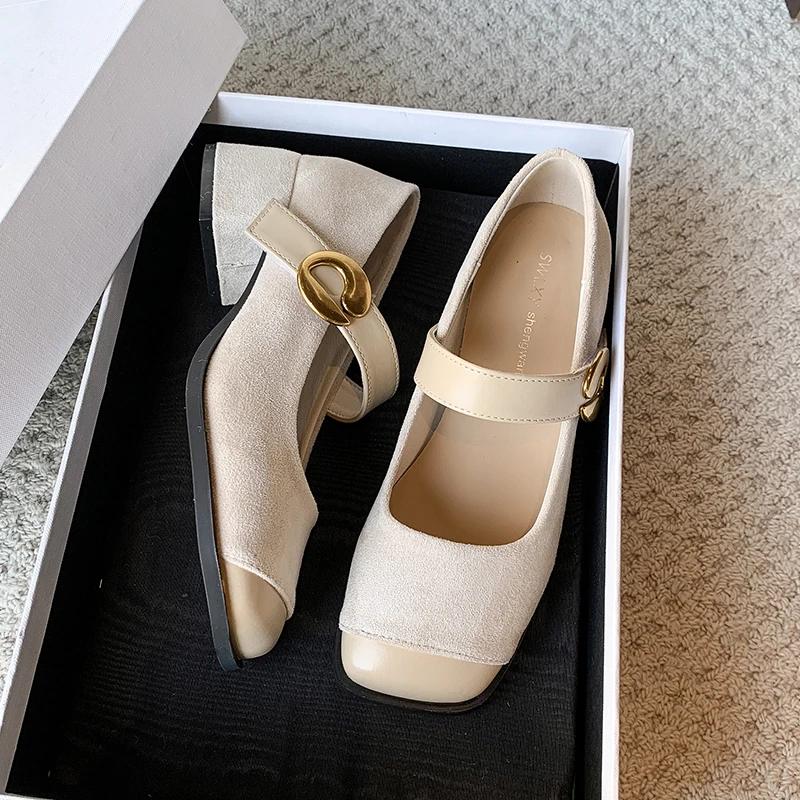 Female Green Velvet New Square Toe College Style Casual Pumps Fashion Shallow Buckle Shoes High Heel Shoes