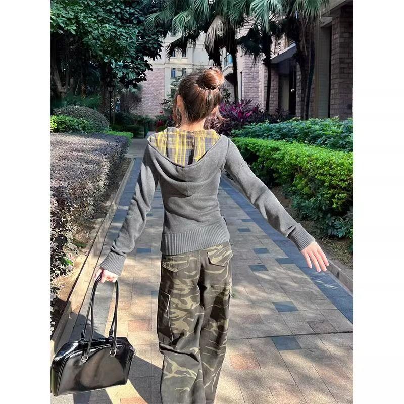 

Американский винтажный клетчатый худи женский весна и осень 2025 новый приталенный облегающий талию свитер-кардиган на молнии верхняя одежда Gray quality version S