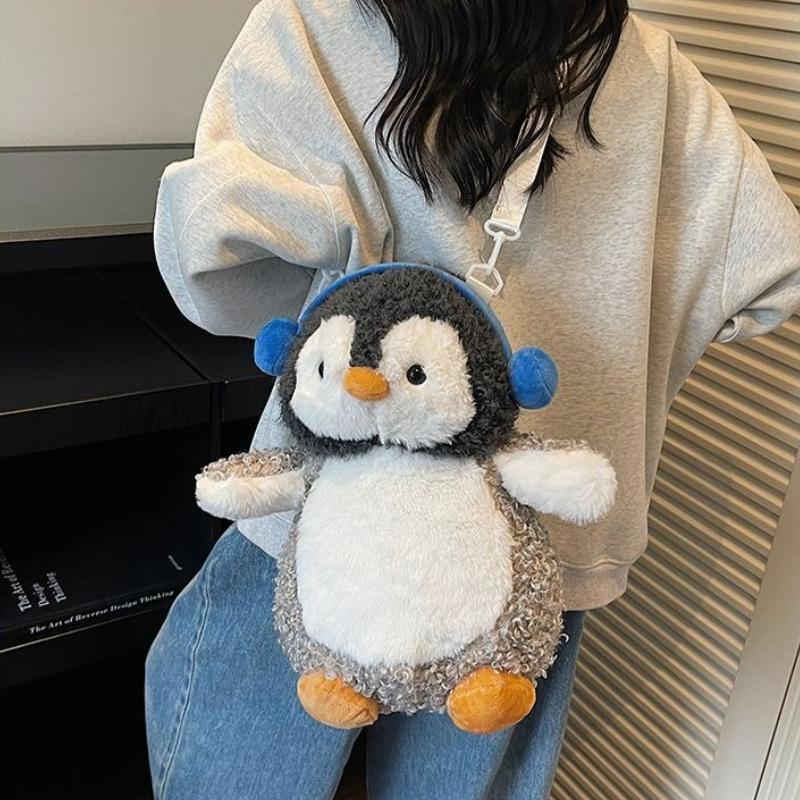 Cute Anime Headphones Penguin Plush Backpacks Kawaii Cartoon Animal Crossbody Bags Funny Plushie Schoolbags for Women Gift