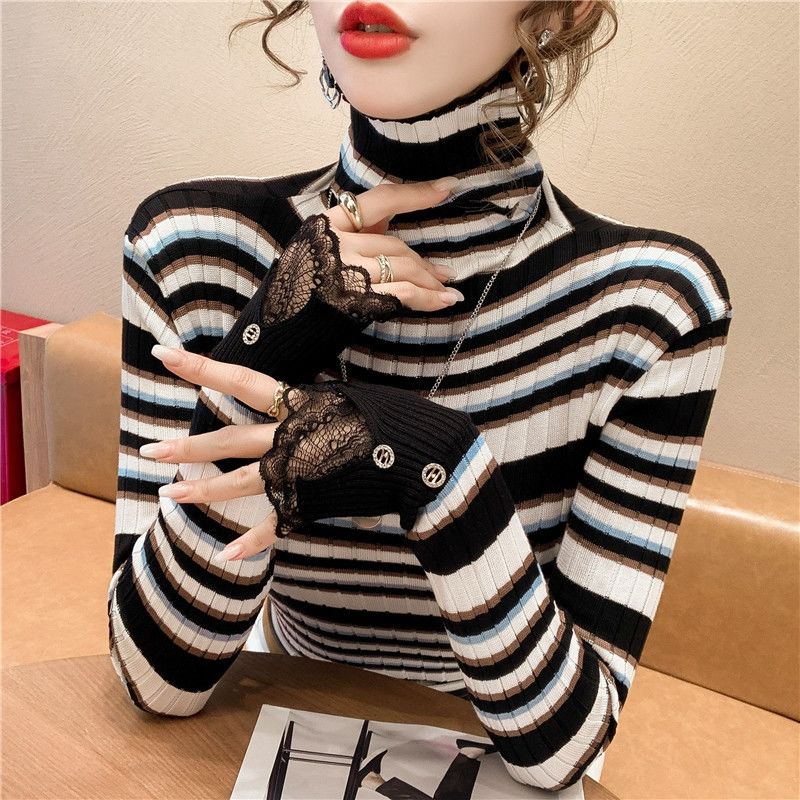 Autumn and Winter High Collar Striped Sweater Knitted Bottom Shirt Women's Long Sleeve Unique Top