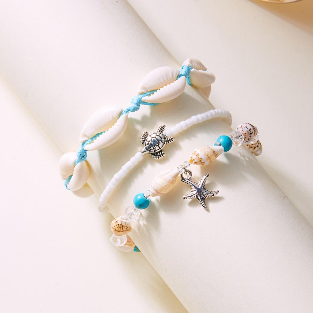 3 Pcs Bohemian Starfish Shell Anklets Set For Women Turtle Conch Rice Beads Foot Chain Bracelet On The Leg Barefoot Jewelry