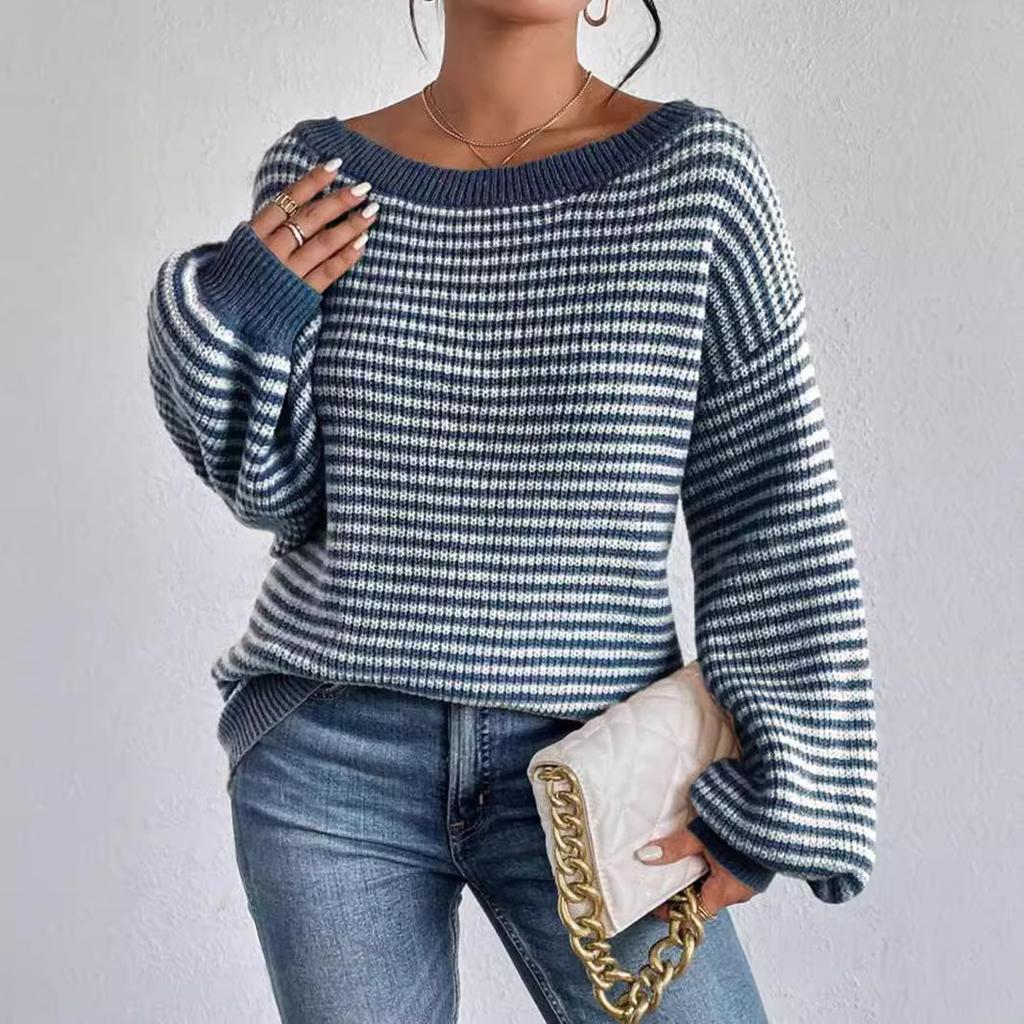 One-word neck knitted sweater versatile loose contrasting color striped lantern sleeve lazy wind sweater women's Europe and America