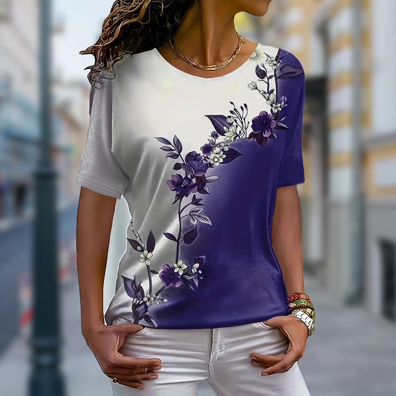 

Женская летняя футболка с принтом «Красивые цветы», футболки с коротким рукавом, повседневные топы с принтом 8XL фиолетовый