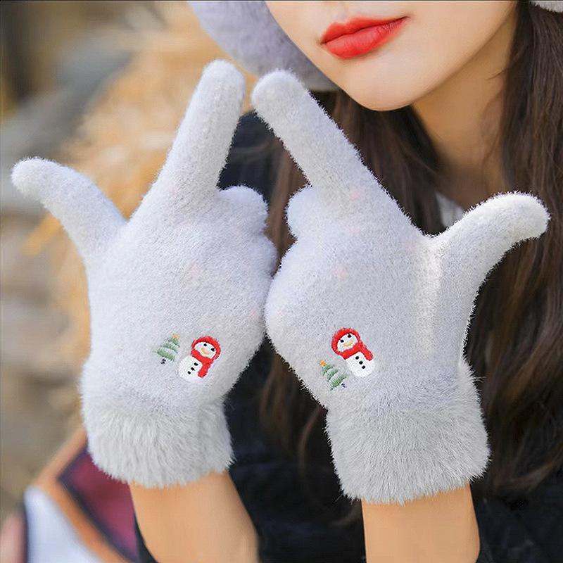 Women's Touch Screen Gloves Embroidered Snowman Cute Imitation Mink Warm Knitted Plush Autumn and Winter Cold-proof Finger Gloves