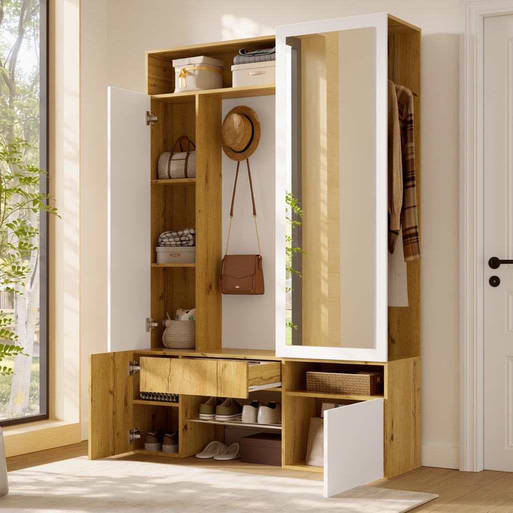 Hallway Wardrobe Cabinet MDF with Mirror, Shoe Cabinet, Hall Cabinet, Entrance Wardrobe, Closet with Clothes Rail, Hooks, Hallway Furniture