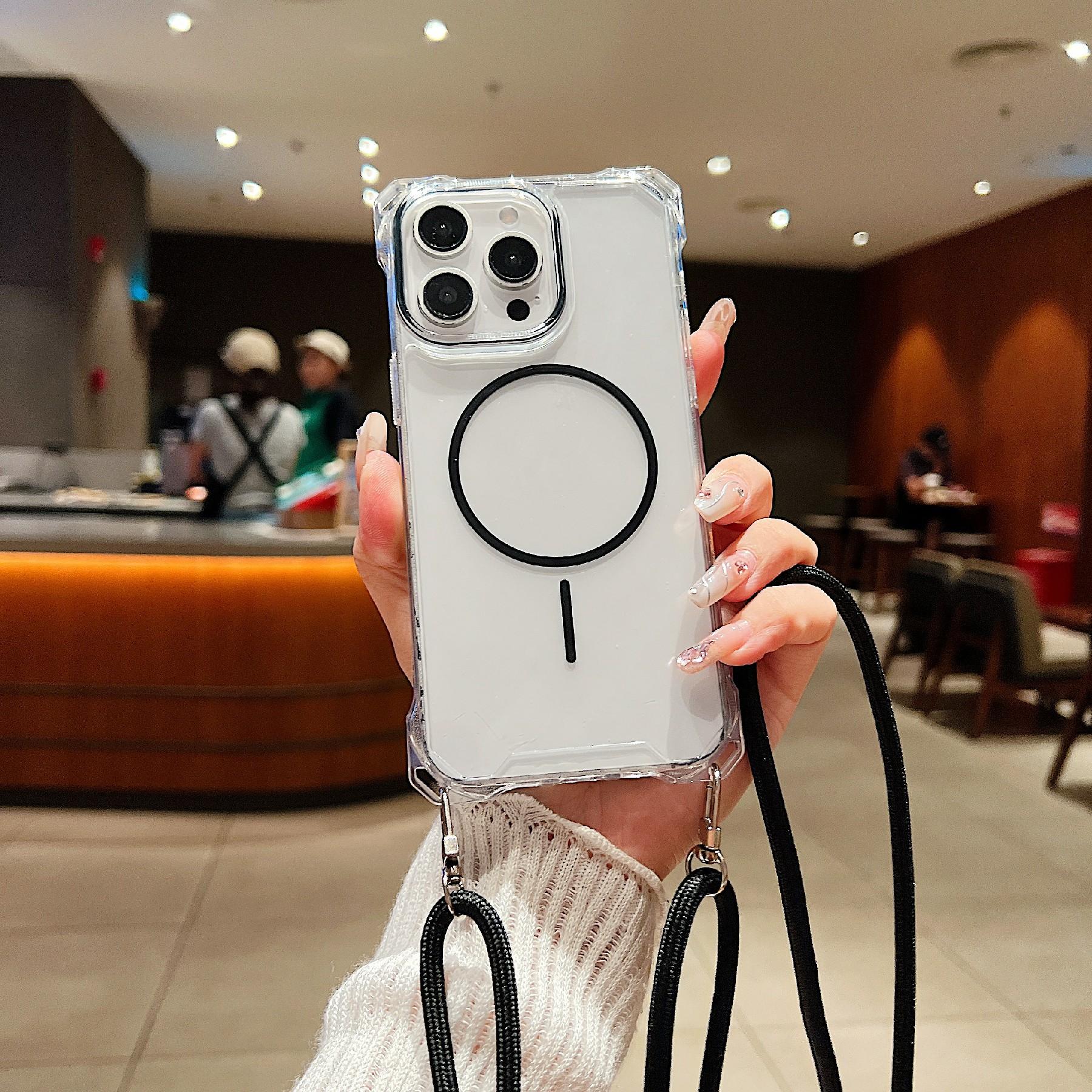 

For iPhone 16 Pro Magnetic Case with Lanyard Drop-Proof TPU+PC Phone Back Cover Black