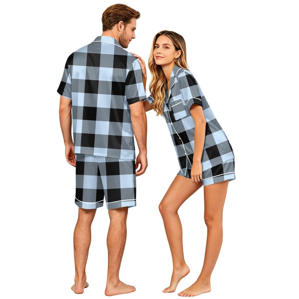 Couple Matching Pajama Set Short Sleeve Button Down Sleepwear Set with Shorts Soft Casual Loungewear S To XXXXL