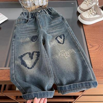 2025 Girls' Heart-Embroidered Wide-Leg Jeans - Spring/Autumn Fashion for Children