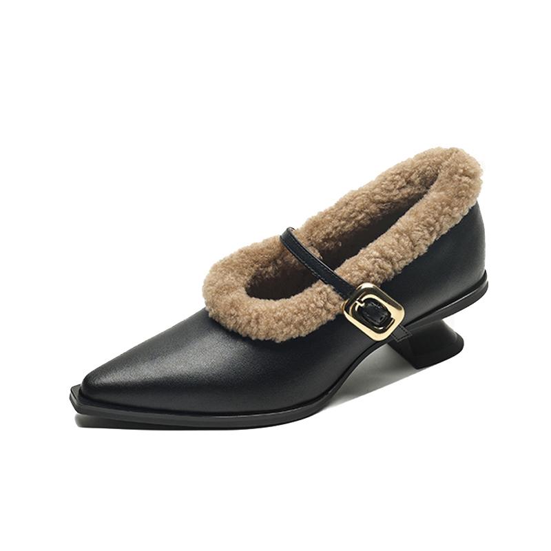 

Fashion Elegant Metal Buckle Mary Janes Woman Chic Brand Design Fur Low Heel Dress Shoes Ladies Winter Warm Plush Belt Pump Zapatos 40