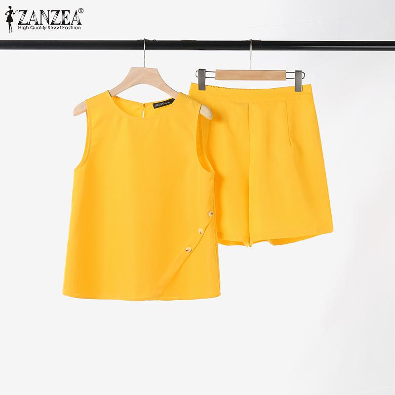 ZANZEA Ensemble deux pièces pour femmes, col rond, sans manches, poches à boutons, couleur unie, hauts et shorts amples, été