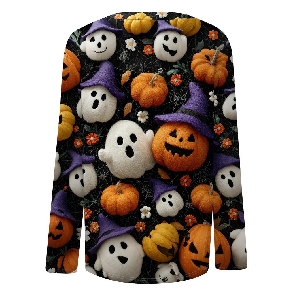 Damen Halloween bedrucktes rundhalsiges lockeres langärmeliges Oberteil