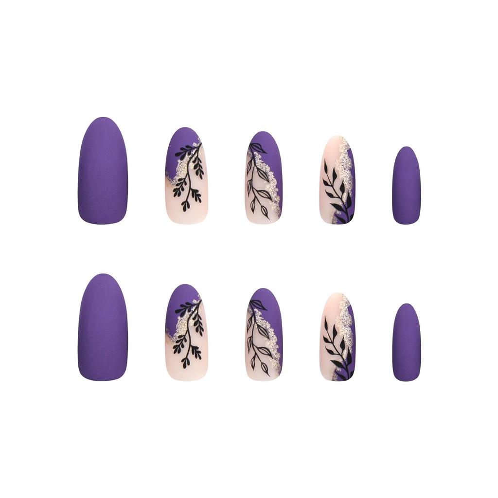 Simple Press-on Nails: Purple with Gold Glitter and Green Leaf Art Design