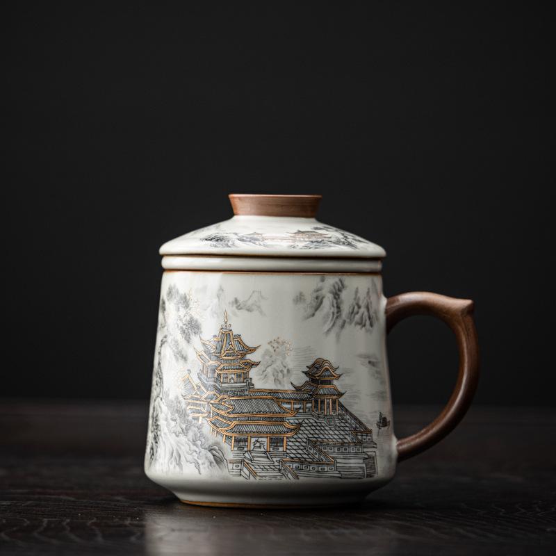 Fengtenwang Pavilion Ru Kiln Office Cup Tea Separation Ceramic Cup Mug Merchandise High-end Business Gifts