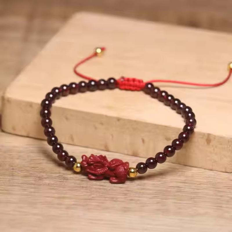 Garnet Beaded Cinnabar Pixiu Bracelet – Red Cord Adjustable Feng Shui Jewelry, Lucky Wealth Gift for Men Women