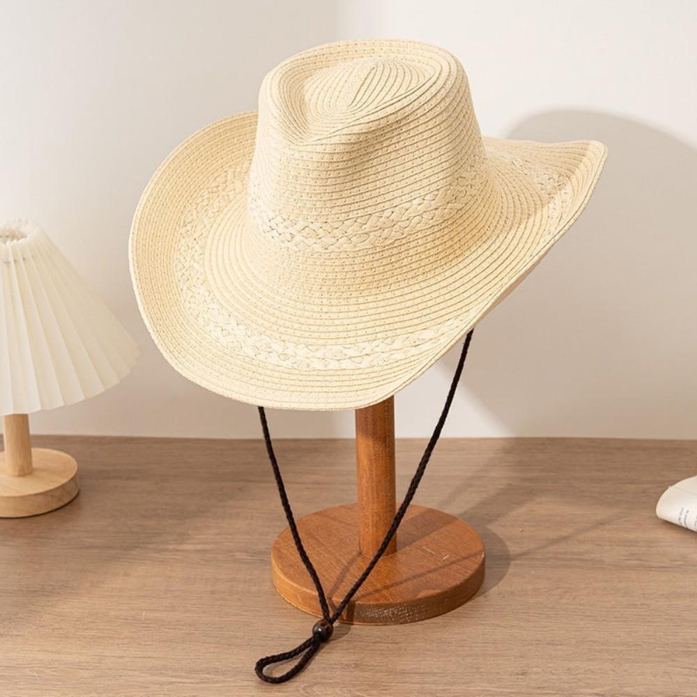 with Wind Lanyard Straw Cowboy Hat Wide Brim Panama Sun Hat Fashion Beach Hat Vacation