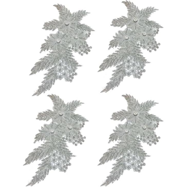4er-Pack 3D-Blumen-Pailletten-Applikation mit Strass-Glitzer-Perlen-Stickerei, Stoff-Spitzenbesatz für Hochzeit, Brautkleid, Kleid, Tasche, Kissen