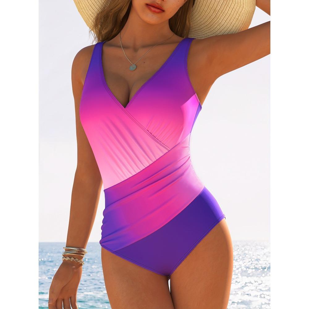 Wygodny 1-częściowy modny damski strój kąpielowy, poliestrowa tkanina o wysokiej elastyczności, szybkoschnący, wzór Color Block, dzianinowy splot