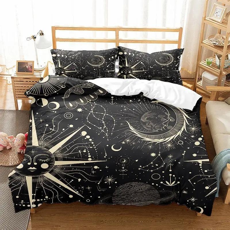 Sonne Mond Bettbezug KingQueen Größe, Galaxie Boho Exotisches Bettwäscheset Schwarz Gold Astrologie Himmlisch Polyester Steppdecke