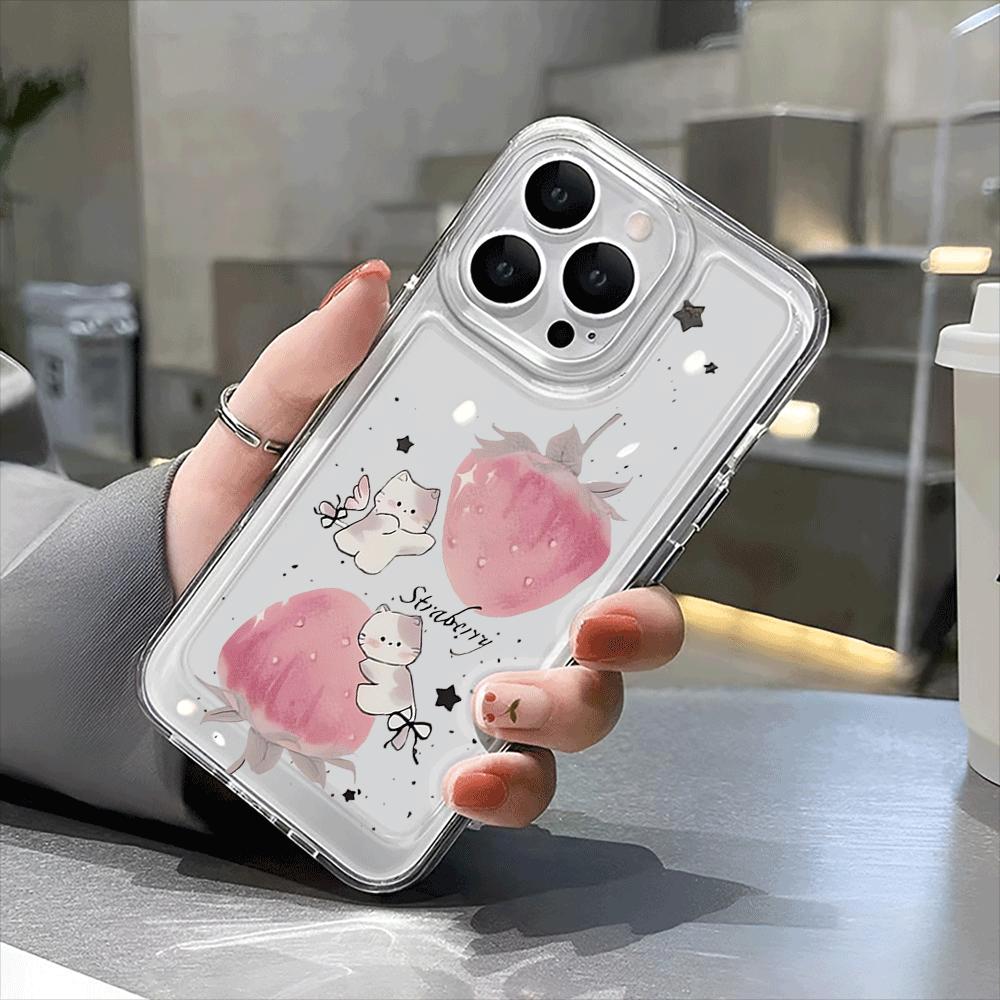 Cute Animals And Strawberry Clear Cases For IPhone 16 15 14 13 12 11 17 Pro Max Air 15 Plus Shockproof Silicone Soft Cover Cases