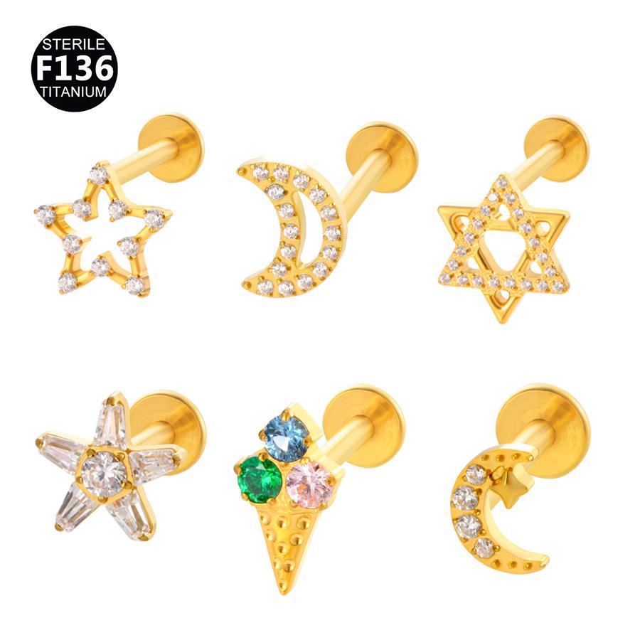 F136 Star Moon Diamond Lip Stud 5-Sided Iron Tower Ear Cartilage Piercing Jewelry 1.2x6/8mm