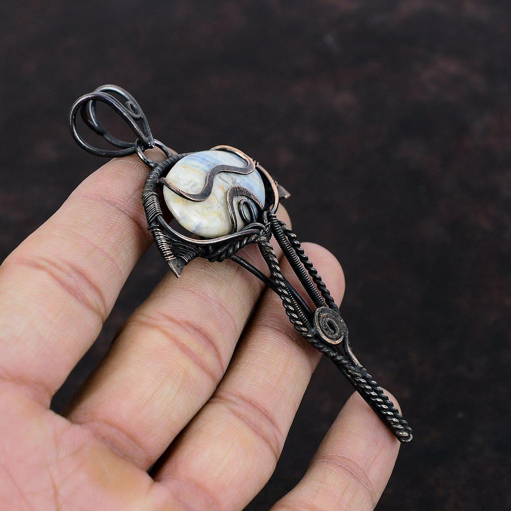 Blue Scheelite Pendant Copper Wire Wrapped Pendant Beautiful Copper Jewelry Genuine Gemstone Pendant Handmade Wire Wrap Jewelry Gift For Mom