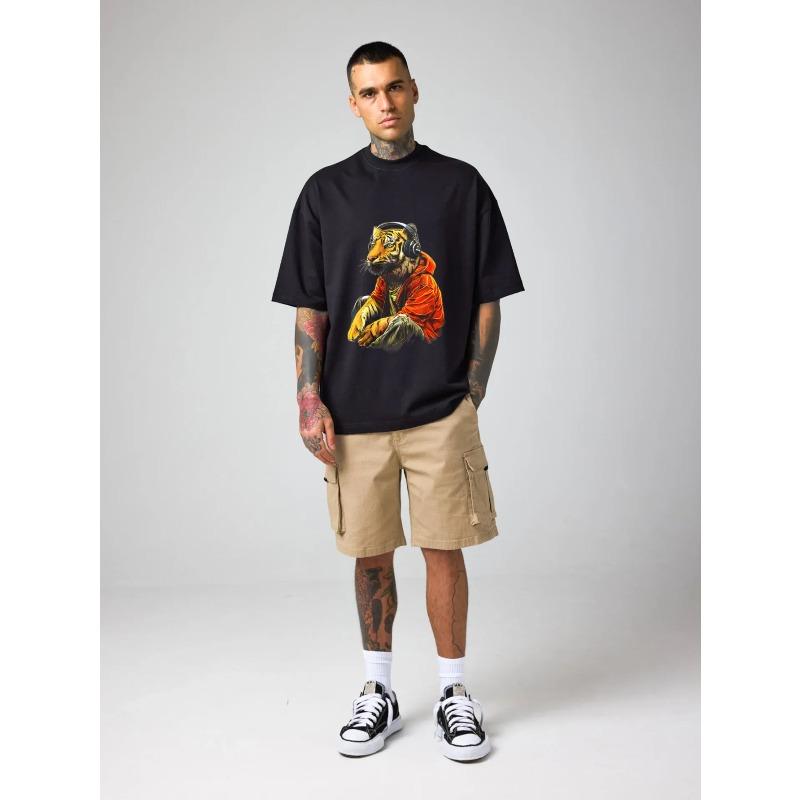 Oversize-T-Shirt mit schwarzem Tigermotiv (Kopfhörer und Kapuze) – Streetwear-Freizeitkleidung für Herren
