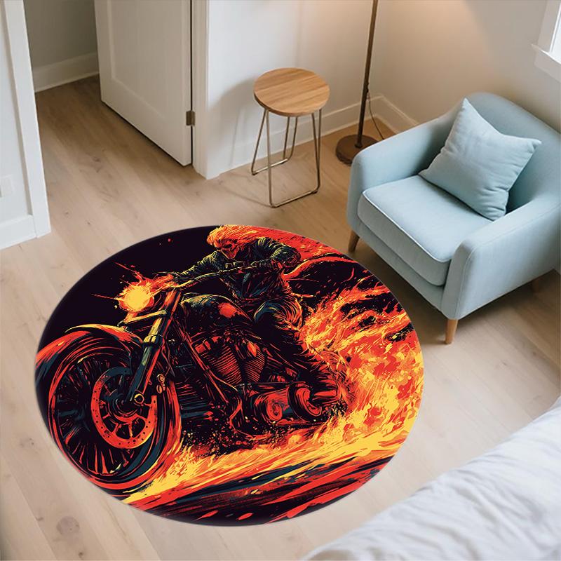 Flame Motorcycle,Round Area Rug,Carpet Rug for Living Room Bedroom Sofa Playroom Decor,Non-slip Floor Mat
