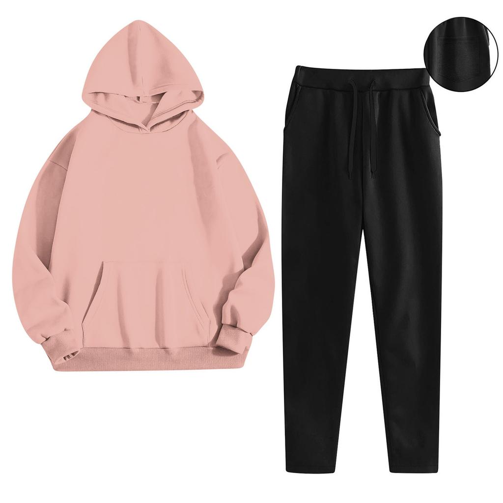 Women's Fashionable Relaxed-Fit Hooded Sweatshirt With Pockets And Fleece-Lined Trousers Set