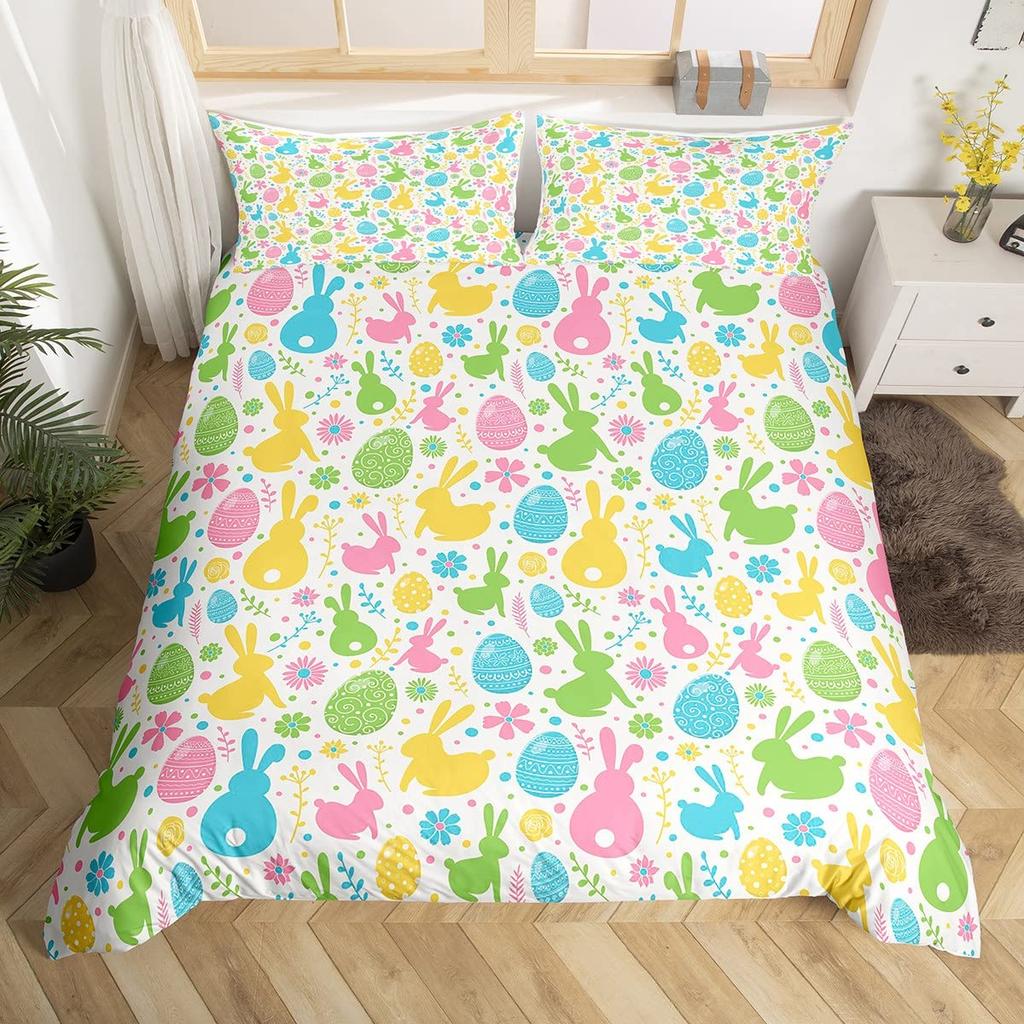 Watercolor Easter Eggs King Queen Bedding Set Happy Easter Themed Duvet Cover Toddlers Rainbow Easter Egg Polyester Quilt Cover