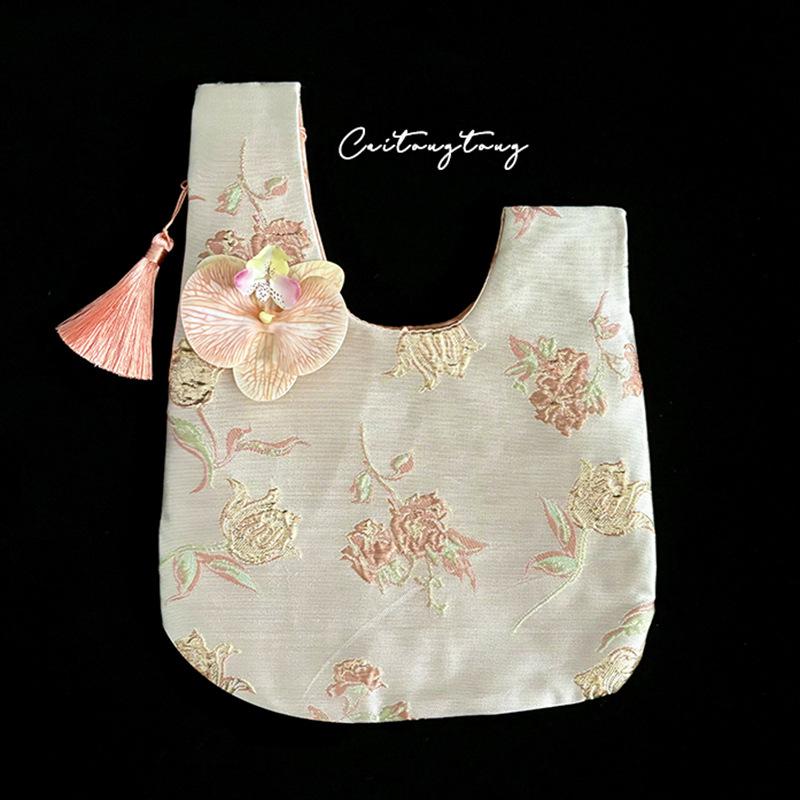 Phalaenopsis Tassel Imitation Silk Gold Silk Jacquard Fabric Wrist Bag New Chinese Retro National Style Small Bag