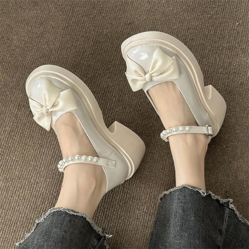 Fashion Round Toe Kawaii Lolita Shoes Woman Casual Elegant Pure Color Bow Pumps Non-slip Korean Style Medium Heel Shoes Chic Summer 2024