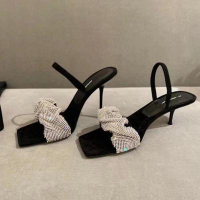 Ladies Open Toe Sandals Elegant High Heels Stiletto Party Shoes Quality 2024 Square Rhinestone Stilettos New