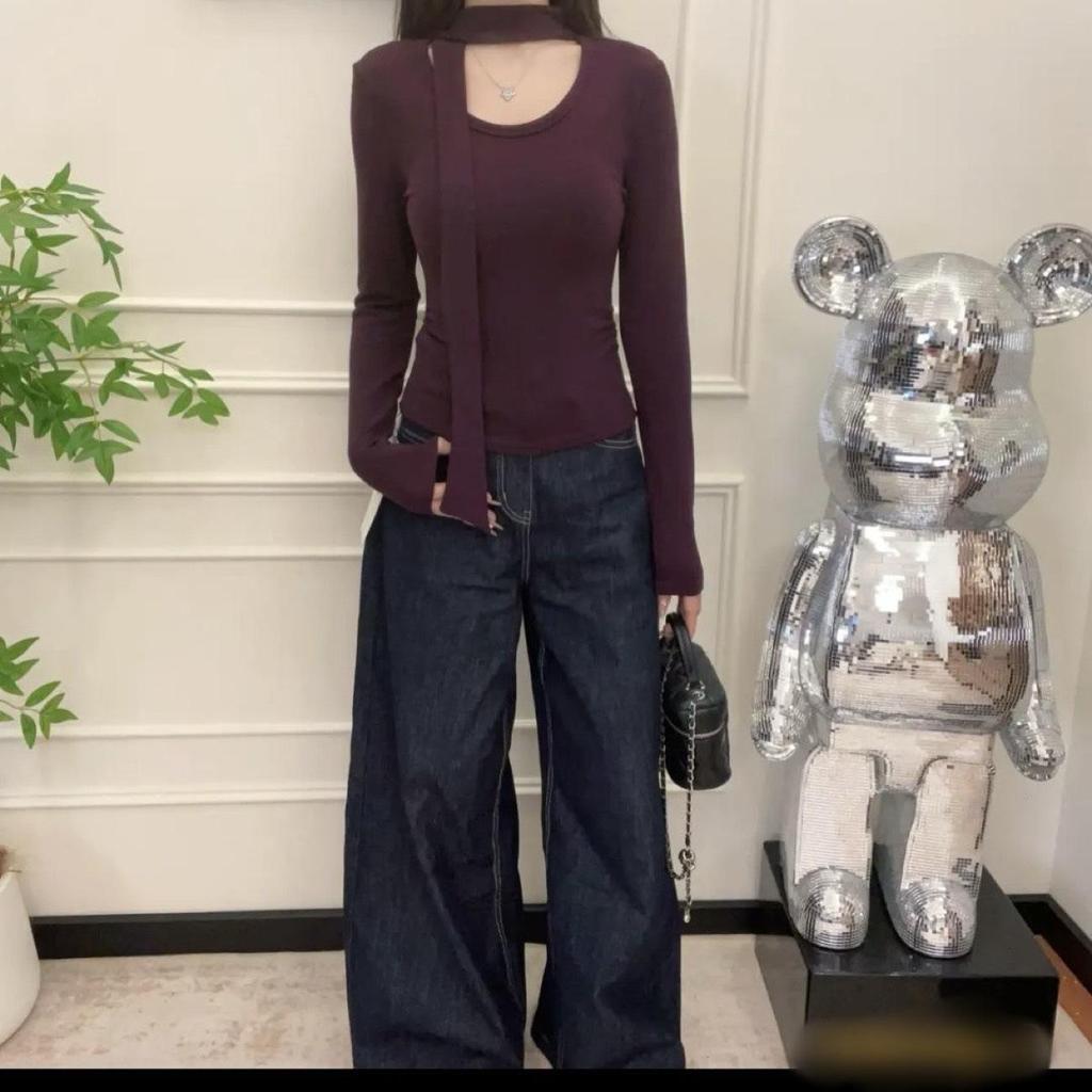 2025 Slim Fit U-Neck Fleece T-Shirt: Autumn/Winter Comfy Commute Style with Ribbon Accents